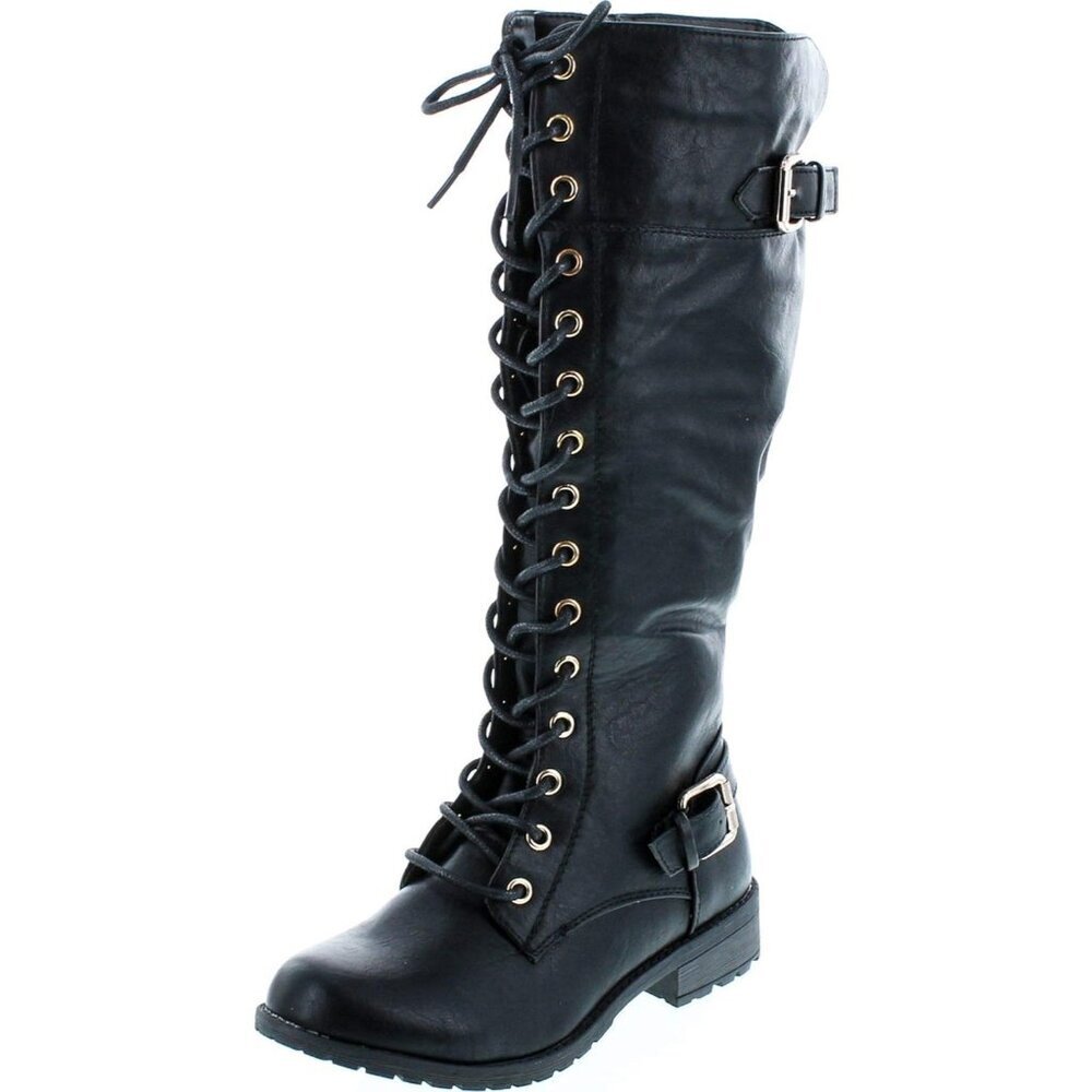 Mango 27 Womens Knee High Buckle Riding Lace Up Adjustable Black Long Boots